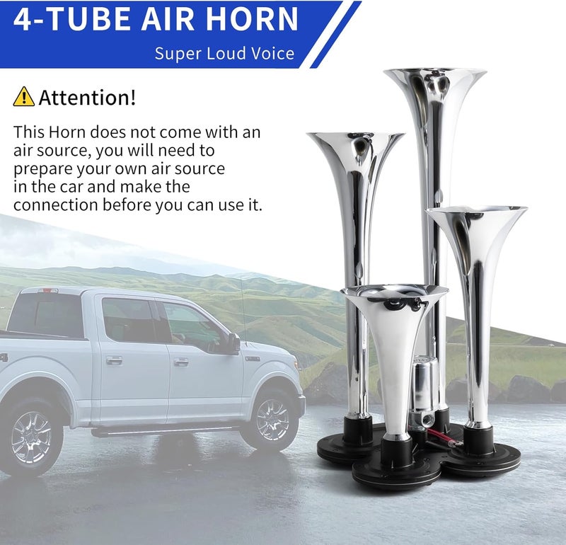 FARBIN Truck Air Horn 178DB 4 Trumpet Train Horn 12V/24V Car Horn for Trucks Super Loud Air Horns with Electric Solenoid Universal for Truck Car Pickup Jeep SUV Train Boat Silver(Silver 4-tube 12/24V) - Image 4